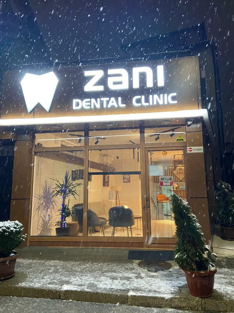 The clinic entrance on a snowy night