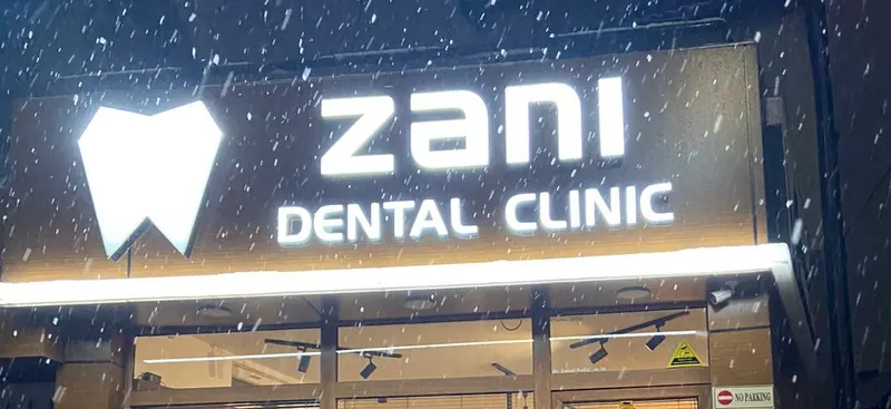 The lit Zani Dental Clinic sign on a snowy evening